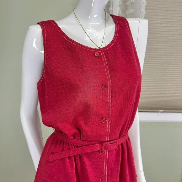 Vintage 70s Kay Windsor Red Sleeveless Button-Front Dress – Made in‎ USA, ILGWU - Picture 2 of 8